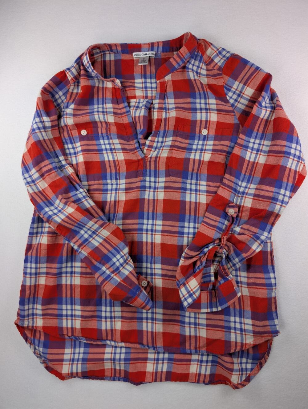 Dalia Collection Red Blue Plaid Popover Shirt Women’s M Long Sleeve